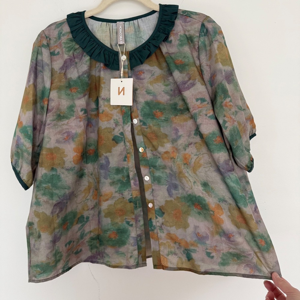 NWT NORACORA Women's Button Front Blouse XXL‎ Green Watercolor Print Artsy